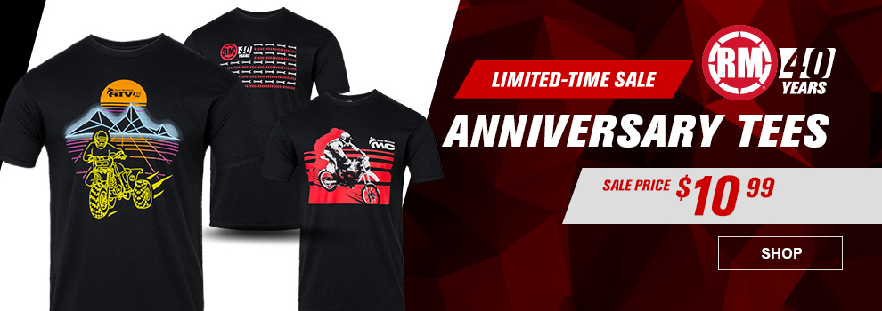 Limited-Time Sale, RM 40 Years Anniversary Tees, Sale, $10 and 99 cents, the ATV retro tee, Flag tee, and MC retro tee, link, shop